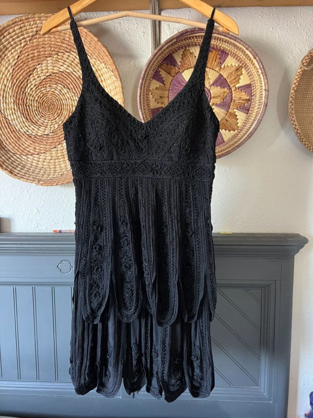 SUE WONG Black SilkBlend 1920s style LaceFlapper Cocktail Dress 8Petite y2k goth